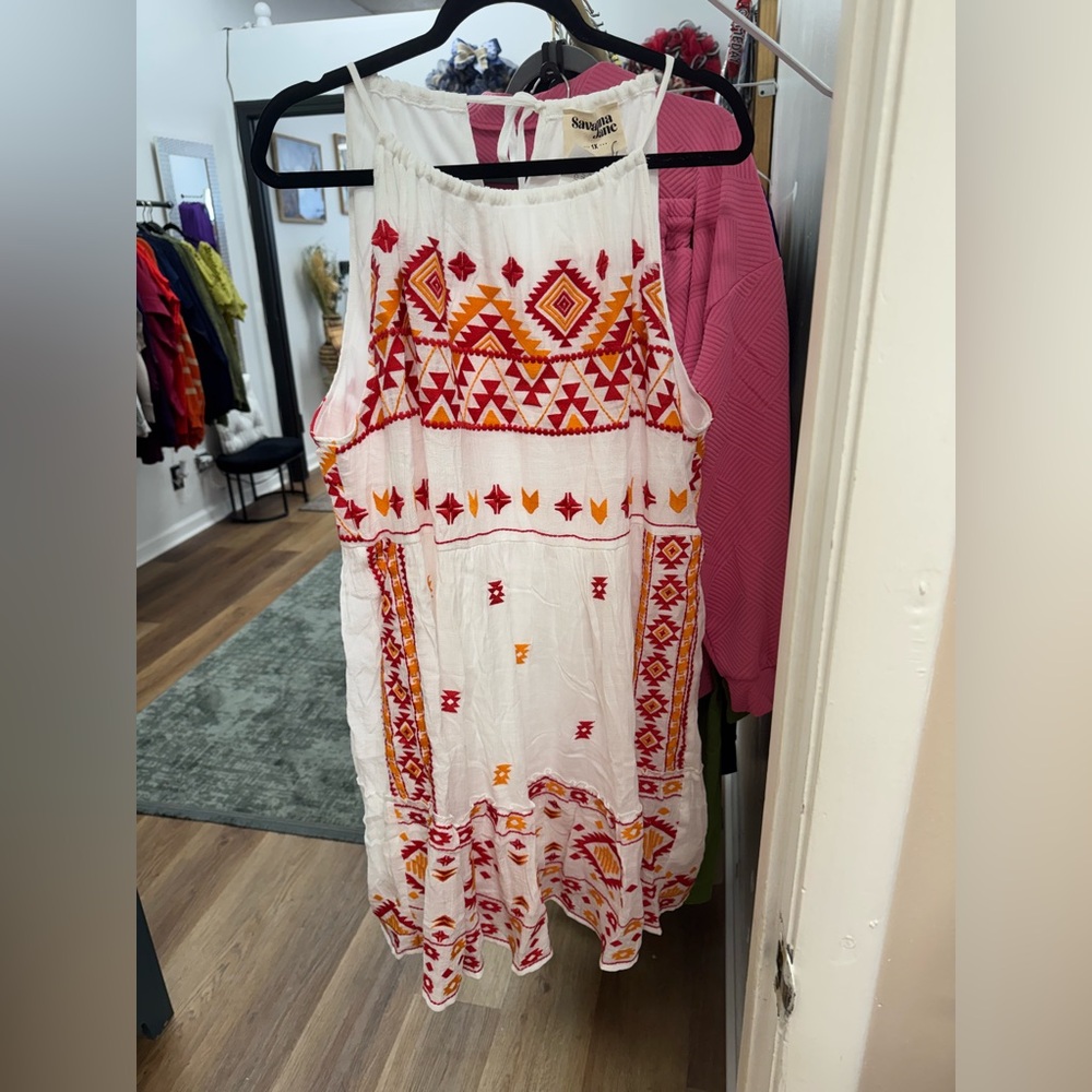 NWT White Sleeveless Dress with Red and Orange Patterns